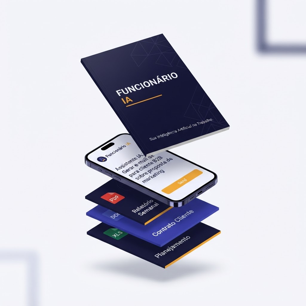 Mockup do produto Funcionário IA: e-book em PDF, versão no celular e arquivos copiáveis